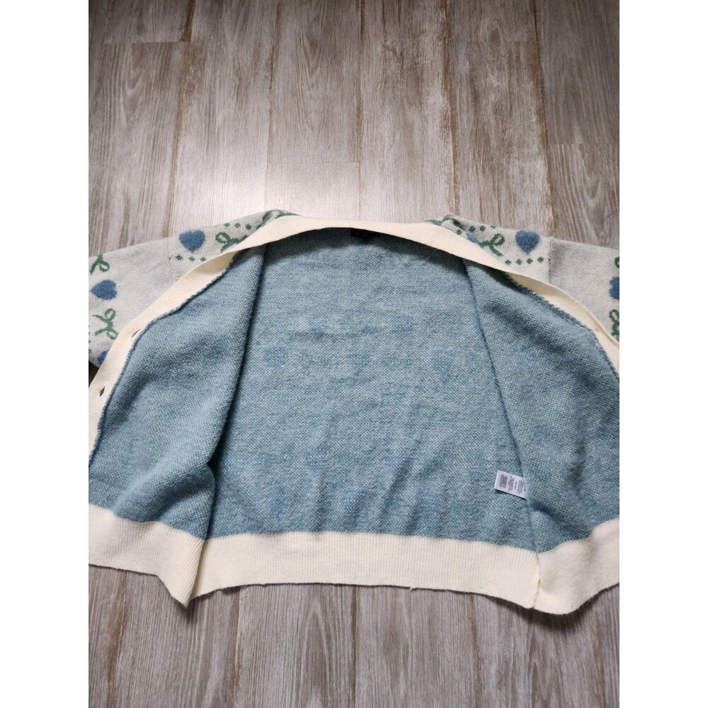 Girlish Heart Bow Cardigan Sweater Blue Cream Button Up Soft Knit Womens XL GUC - Picture 10 of 11